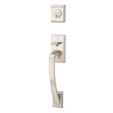 Exterior front door handle set with decorative hardware and deadbolt, front view