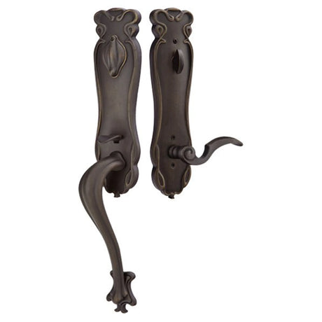 Front entry door handle set with deadbolt and grip handle, exterior door hardware, front view