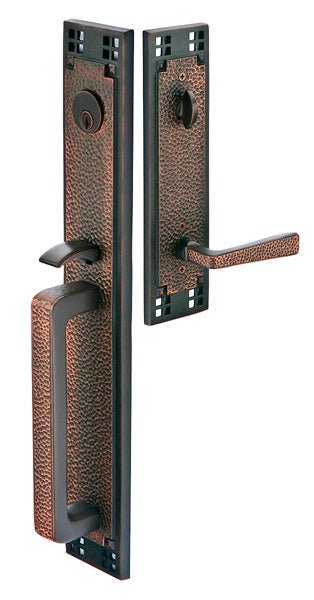 Front entry door handle set with deadbolt and grip handle, exterior hardware, front view