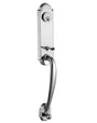 Front entry door handle set with deadbolt and grip handle, exterior hardware, front view