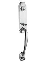 Chrome front entry door handle set with deadbolt and grip handle, entry hardware, front view