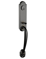 Front entry door handle set with deadbolt and grip handle, exterior hardware, front view