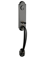 Bronze front entry door handle set with deadbolt and grip handle, exterior hardware, front view
