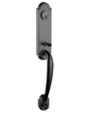 Front entry door handle set with deadbolt and grip handle, exterior hardware, front view