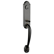 Bronze front entry door handle set with deadbolt and grip handle, exterior hardware, front view