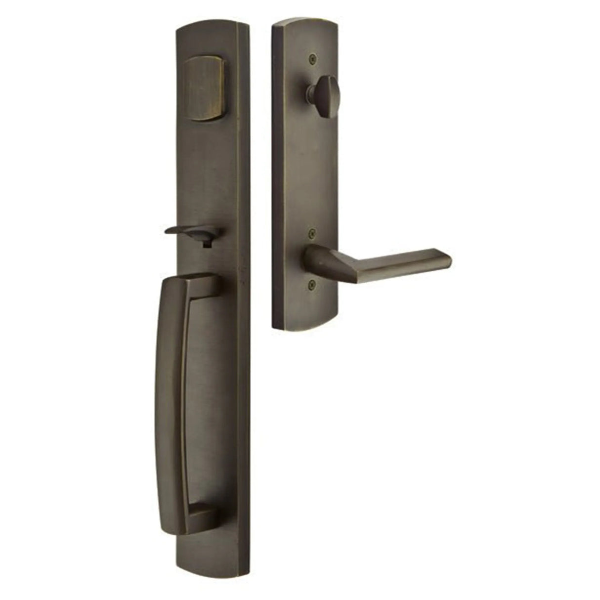 Bronze front entry door handle set with deadbolt and grip handle, entry door hardware, front view