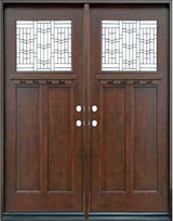 Double front entry door with decorative glass panels and classic styling, straight-on exterior view