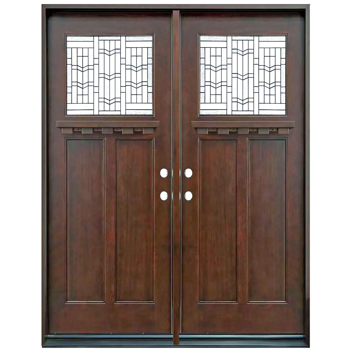 Double front entry door with decorative glass panels and classic styling, straight-on exterior view