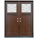 Double front entry door with decorative glass panels and classic styling, straight-on exterior view