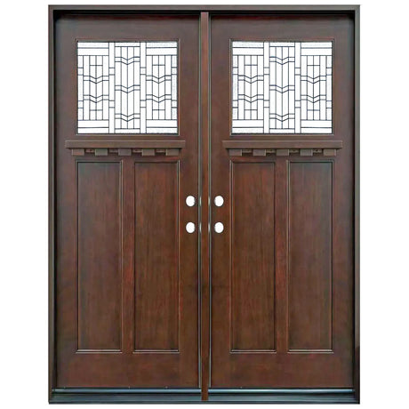 Double front entry door with decorative glass panels and classic styling, straight-on exterior view