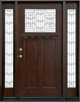Front entry door with two sidelights and decorative glass panels, classic exterior front view