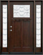 Front entry door with two sidelights and decorative glass panels, classic exterior front view