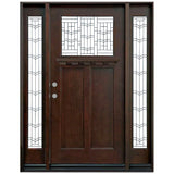 Front entry door with two sidelights and decorative glass panels, classic exterior front view
