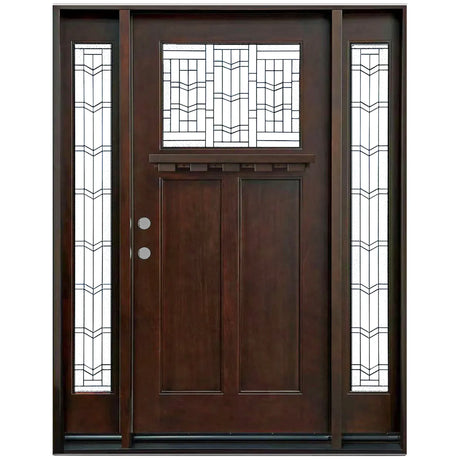 Front entry door with two sidelights and decorative glass panels, classic exterior front view