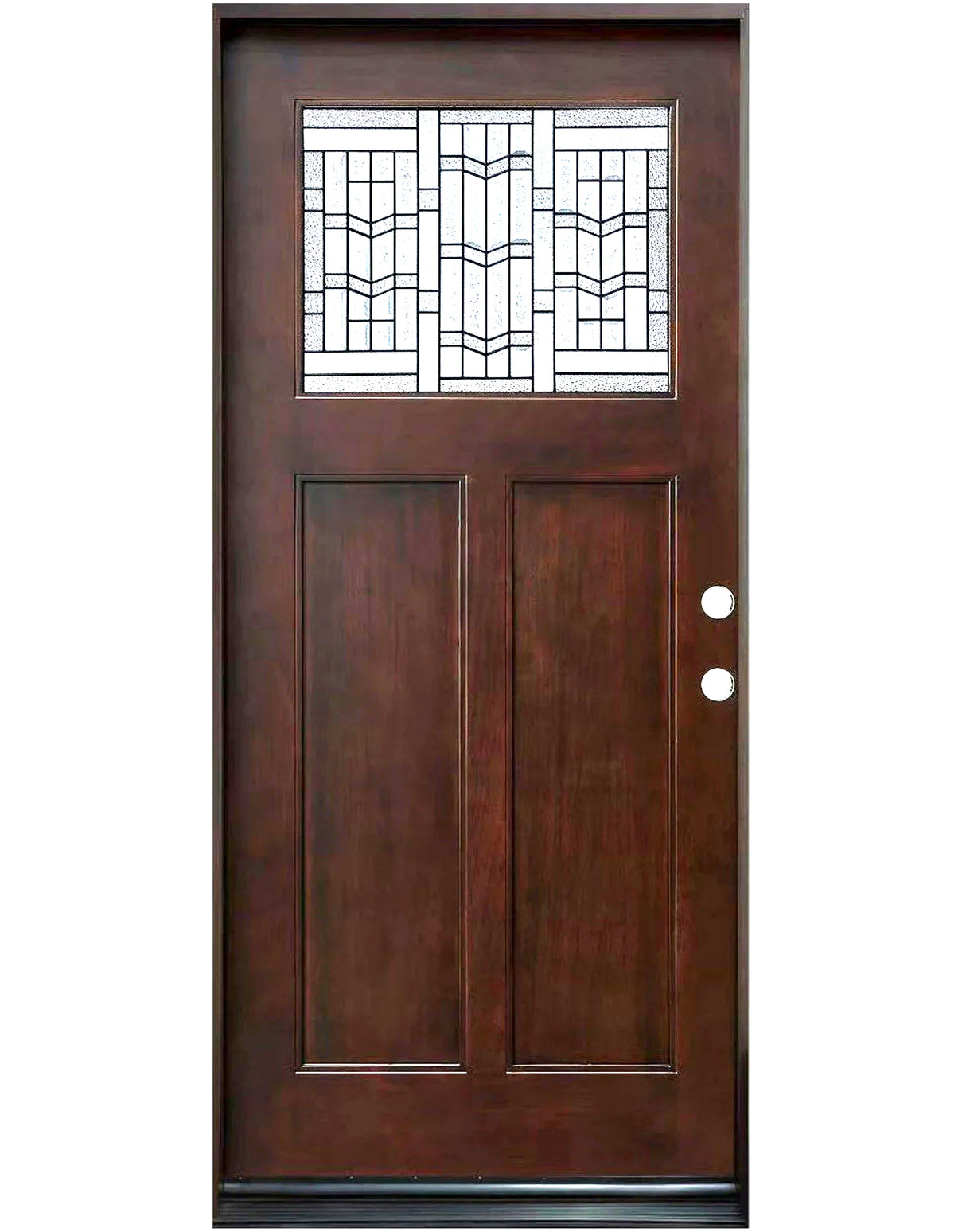 Single front entry door with decorative glass panel and classic design, straight-on view