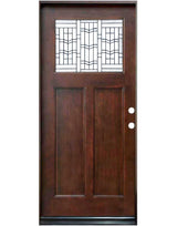 Single front entry door with decorative glass panel and classic design, straight-on view