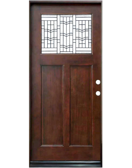 Single front entry door with decorative glass panel and classic design, straight-on view