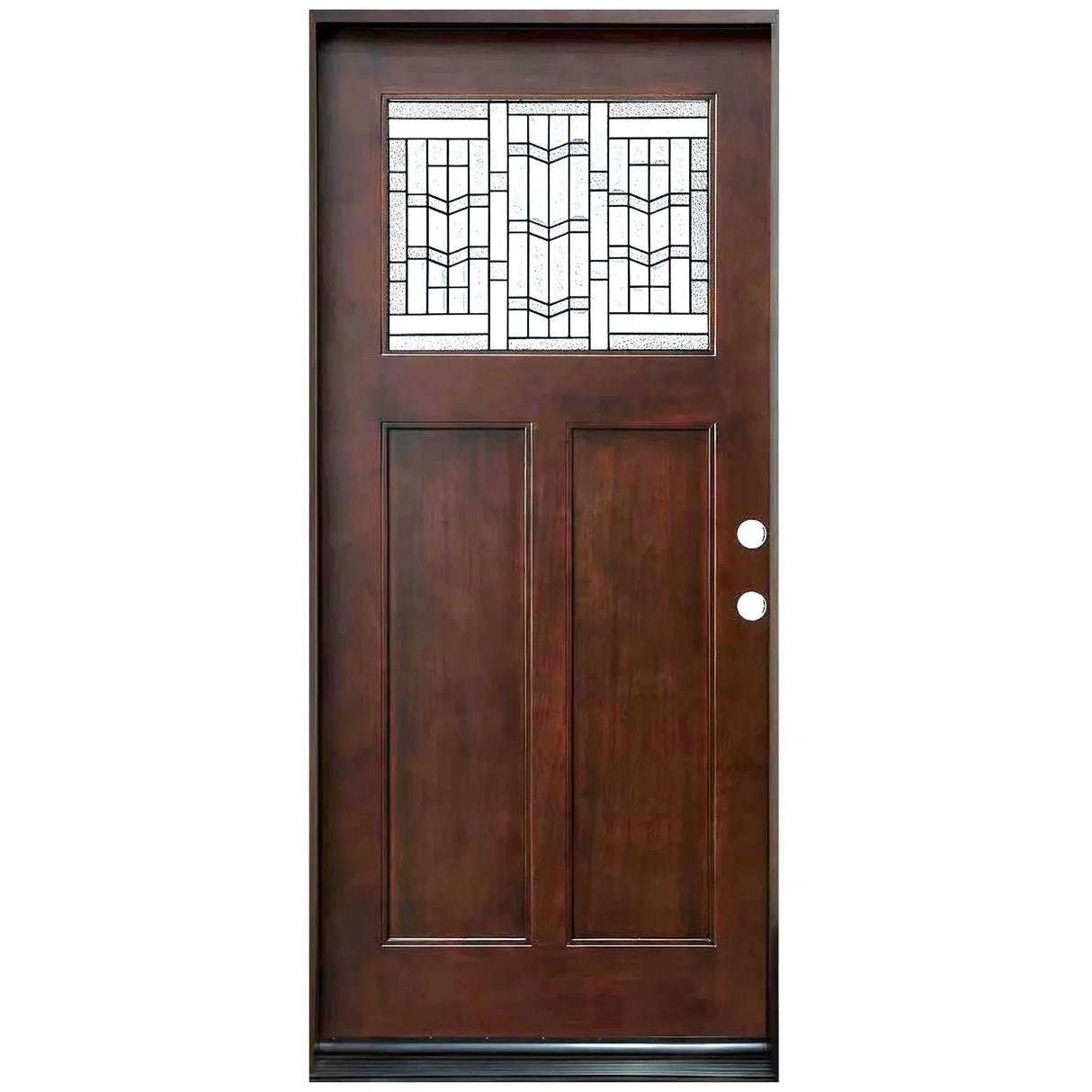 Single front entry door with decorative glass panel and classic design, straight-on view