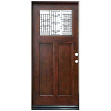 Single front entry door with decorative glass panel and classic design, straight-on view