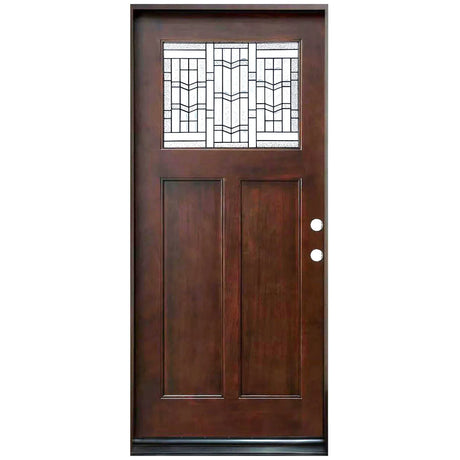 Single front entry door with decorative glass panel and classic design, straight-on view