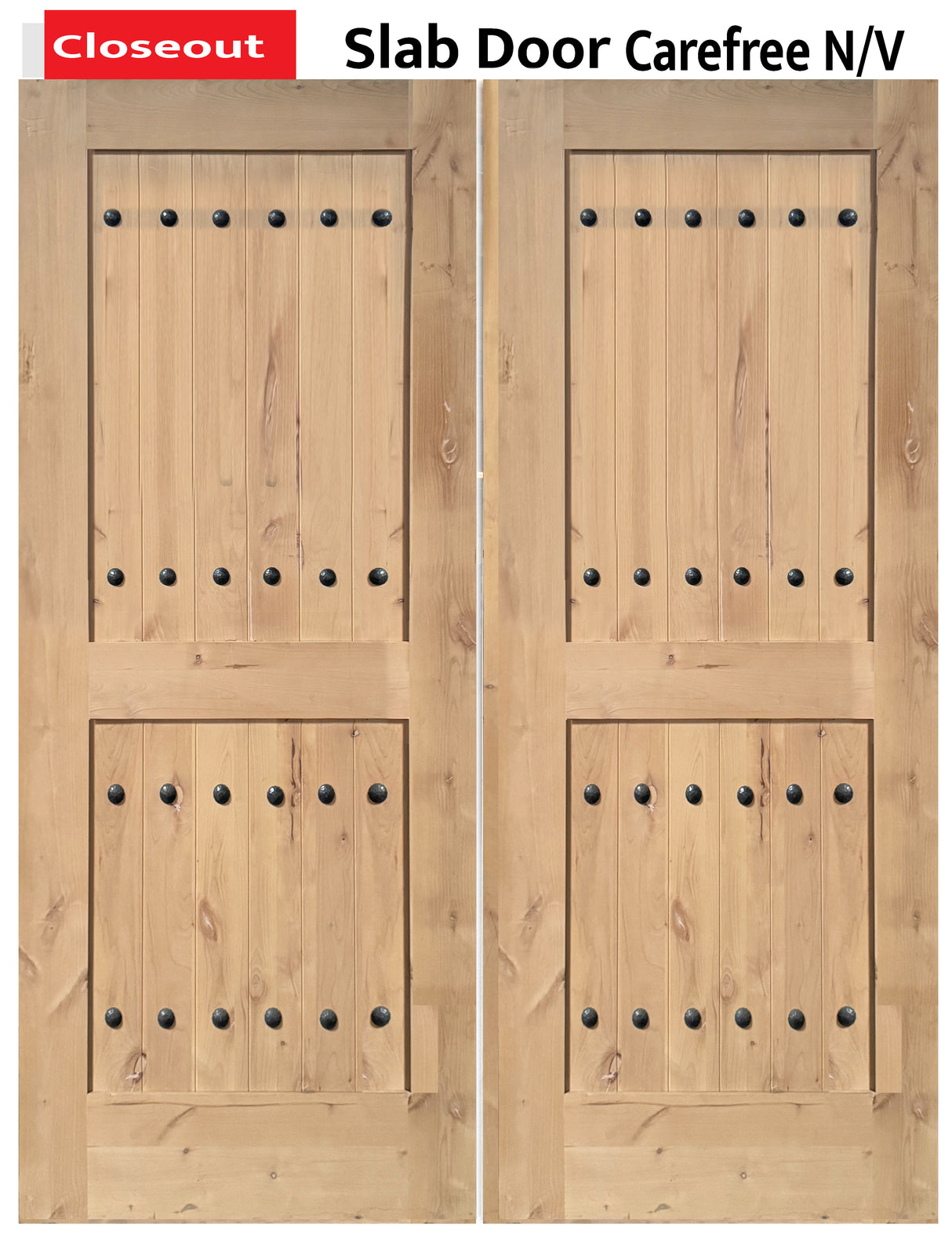 Exterior double solid wood entry doors with classic panel design, front view