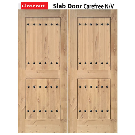 Exterior double solid wood entry doors with classic panel design, front view