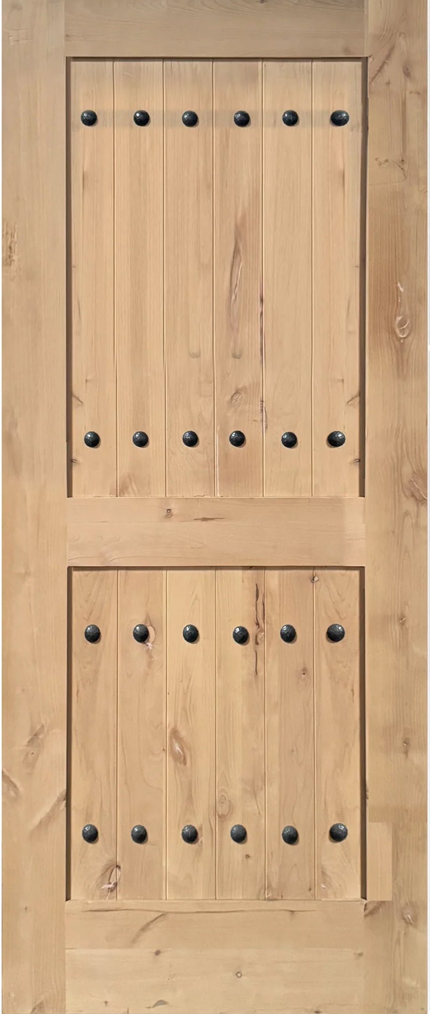 Exterior solid wood slab entry door with classic panel design, front view