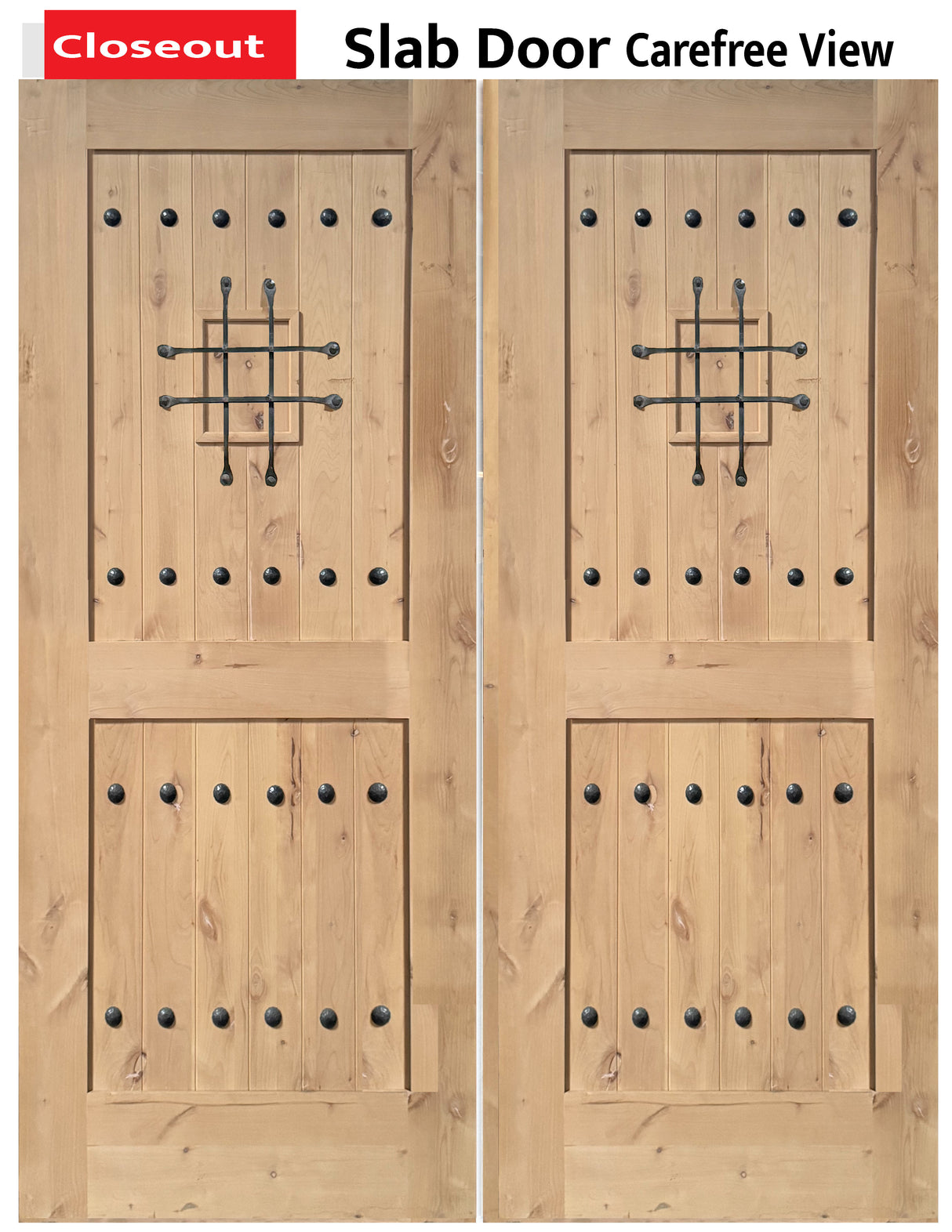 Exterior double solid wood entry doors with classic panel design, front view