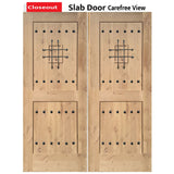 Exterior double solid wood entry doors with classic panel design, front view