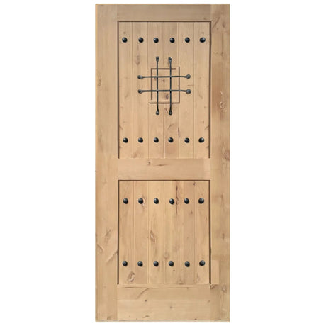 Exterior solid wood slab entry door with classic panel design, front view