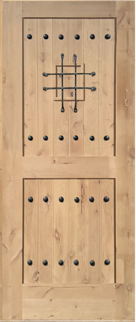 Exterior solid wood slab entry door with classic panel design, front view