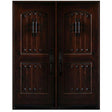 Double front entry door with decorative glass panels and castle-style design, straight-on exterior view