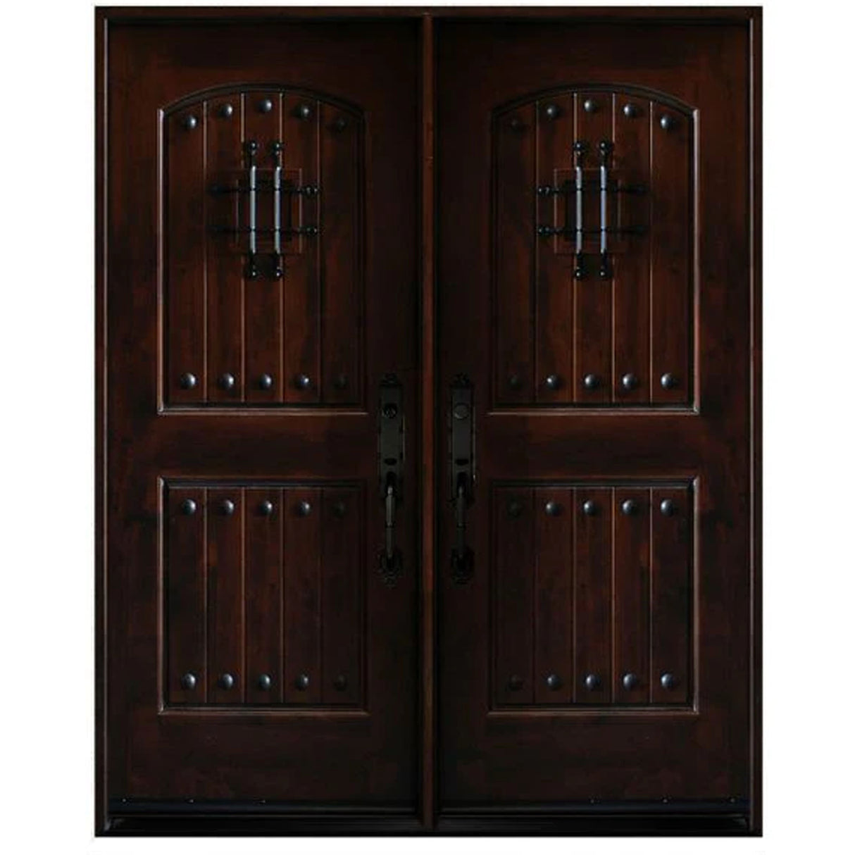 Double front entry door with decorative glass panels and castle-style design, straight-on exterior view