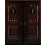 Double front entry door with decorative glass panels and castle-style design, straight-on exterior view