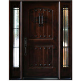 Front entry door with two sidelights and decorative glass panels, castle-style design with classic detailing, straight-on view