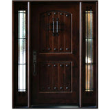 Front entry door with two sidelights and decorative glass panels, castle-style design with classic detailing, straight-on view