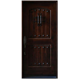 Single front entry door with decorative glass panel and castle-style design, straight-on exterior view
