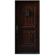 Single front entry door with decorative glass panel and castle-style design, straight-on exterior view