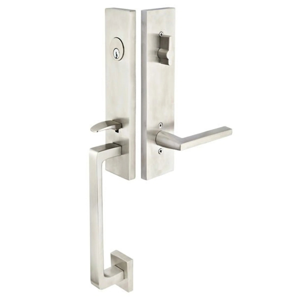 Modern front entry door handle set with deadbolt and grip handle, exterior door hardware, front view