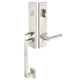 Modern front entry door handle set with deadbolt and grip handle, exterior door hardware, front view