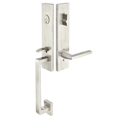 Modern front entry door handle set with deadbolt and grip handle, exterior door hardware, front view