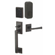 Electronic front entry door lock set with keypad, deadbolt, and grip handle, front view
