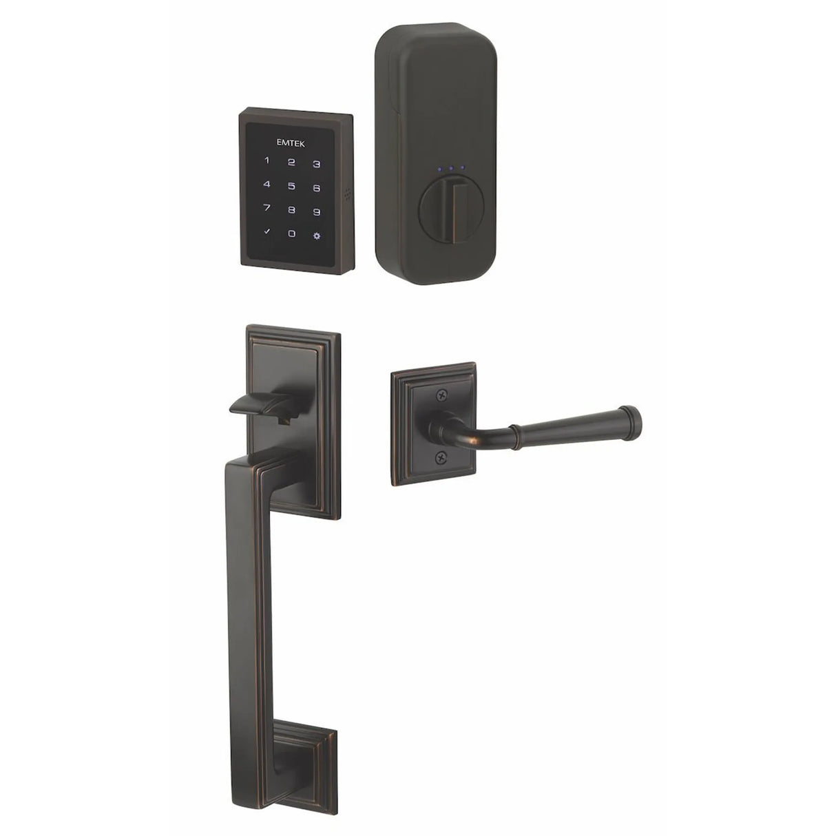 Electronic front entry door lock set with keypad, deadbolt, and grip handle, front view