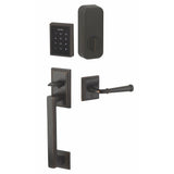 Electronic front entry door lock set with keypad, deadbolt, and grip handle, front view
