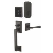 Electronic front entry door lock set with keypad, deadbolt, and grip handle, front view