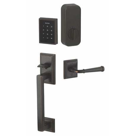 Electronic front entry door lock set with keypad, deadbolt, and grip handle, front view