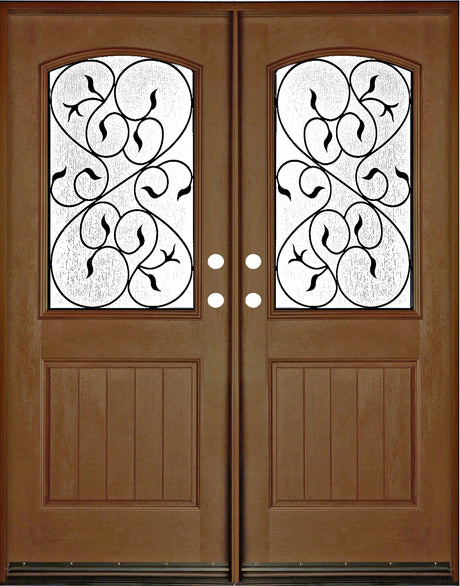 Fiberglass double front entry door with rain glass panels and wood grain finish, straight-on exterior view