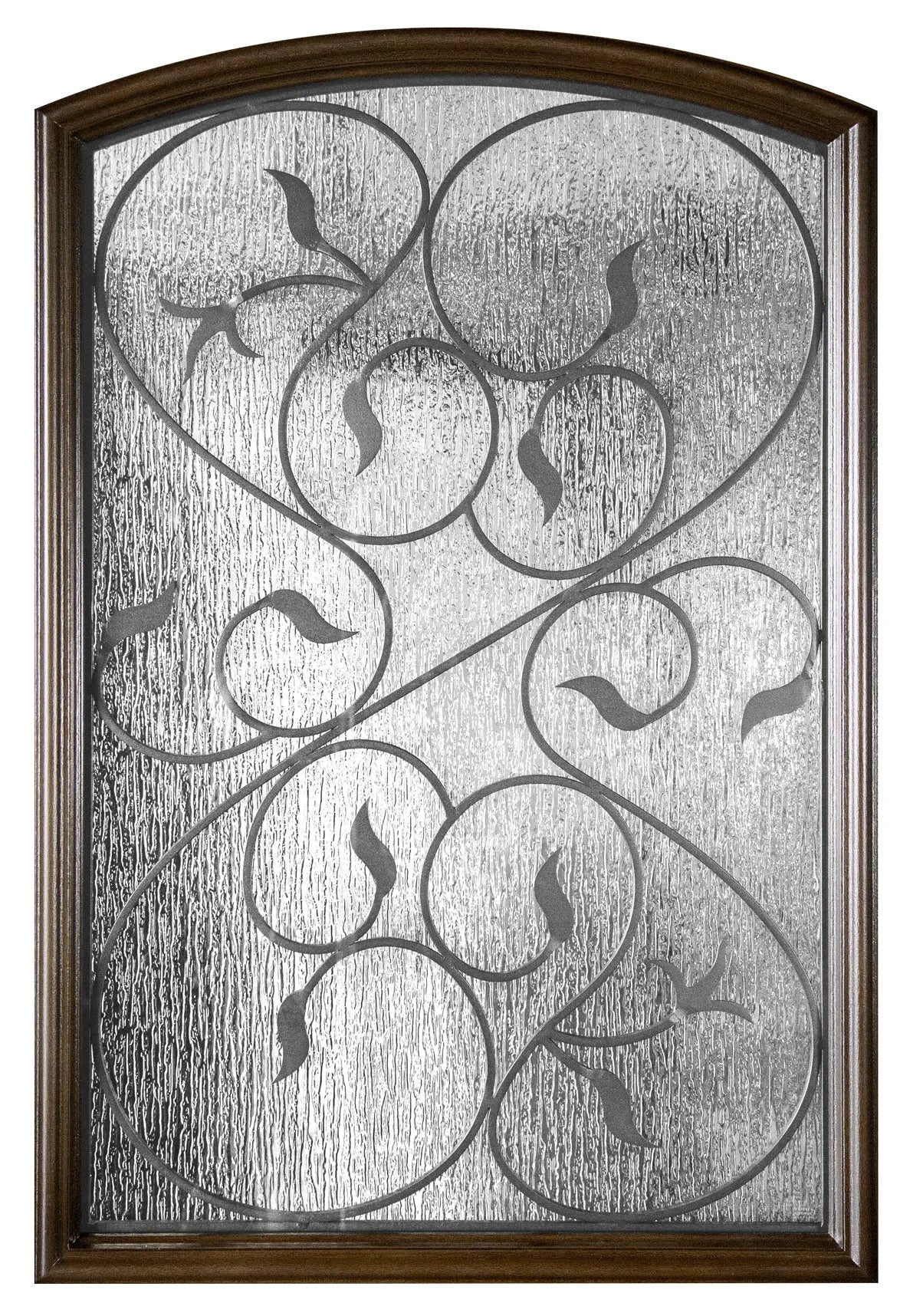 Close-up of rain glass panel on fiberglass entry door showing textured privacy glass detail and light diffusion