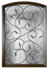 Close-up of rain glass panel on fiberglass entry door showing textured privacy glass detail and light diffusion