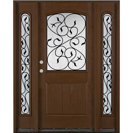 Fiberglass front entry door with two sidelights, wood grain finish, and rain glass panels, straight-on exterior